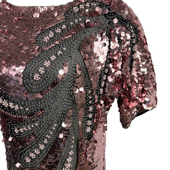 Vintage Oleg Cassini Rose Gold Pink Sequins Silk Formal Blouse Small Pearl Beads - Picture 5 of 7
